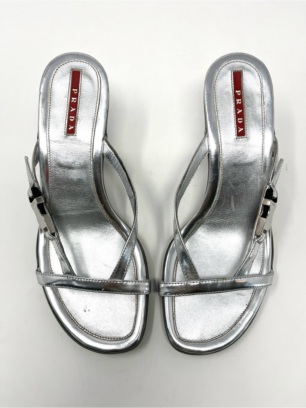 Vintage Prada Y2K Strappy Silver Leather Buckle Sandals Slides Kitten Heels 37.5 - Picture 2 of 9